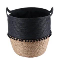 PANIERE RONDE DECO POMPONS D.42X48CM NOIR NATUREL