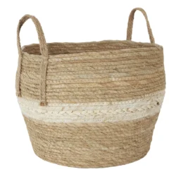 PANIER FIBRE VEGETAL ANSE ET BANDE BEIGE 33X26CM