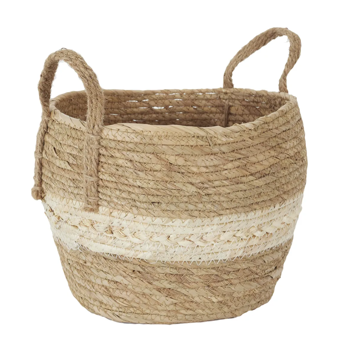 PANIER FIBRE VEGETAL ANSE ET BANDE BEIGE 25X19CM