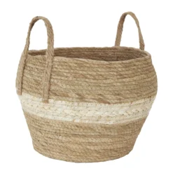 PANIER FIBRE VEGETAL ANSE ET BANDE BEIGE 27X23CM