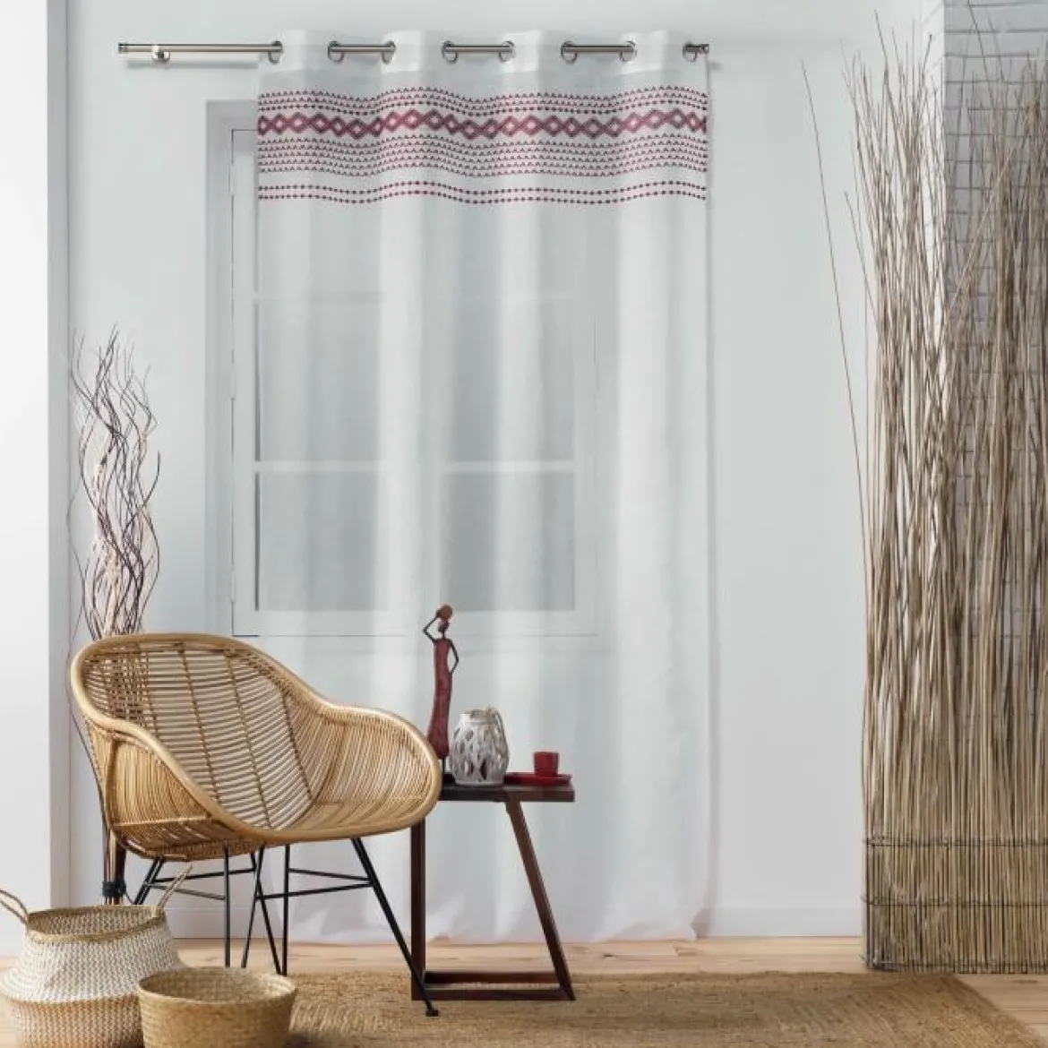 PANNEAU A OEILLETS 140X240CM VOILE SABLE BRODE VALY BRIQUE