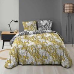 PARURE 240X220CM MICROFIBRE IMPRIMEE ALLOVER CALAOS JAUNE
