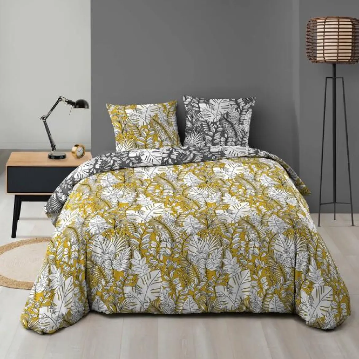 PARURE 240X220CM MICROFIBRE IMPRIMEE ALLOVER CALAOS JAUNE