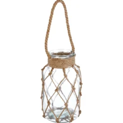 PHOTOPHORE VERRE AVEC CORDE RAFFIA H.26CM
