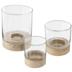 PHOTOPHORE VERRE ET BOIS D.16X20CM