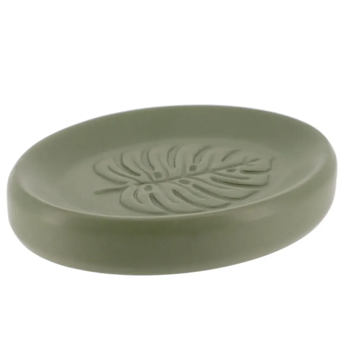 PORTE SAVON GRES DECOR FEUILLE KAKI