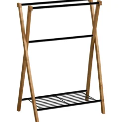 PORTE SERVIETTES METAL BAMBOU 3 BARRES 1 ETAGERE NOIR
