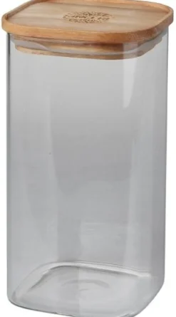 POT VERRE CARRE EMPILABLE COUVERCLE BOIS GRAVE H.25CM