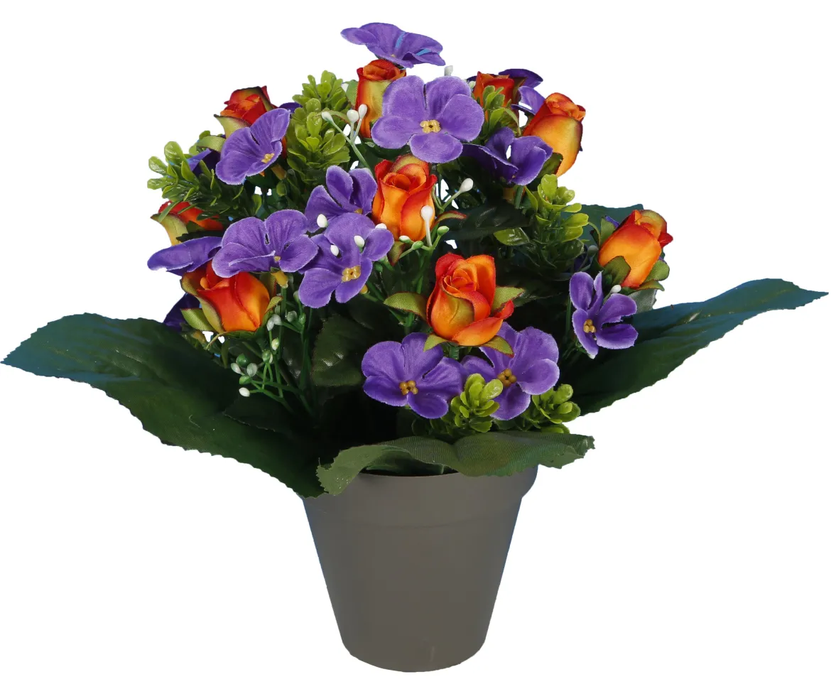 POT VIOLETTES ET BOUTONS ROSES