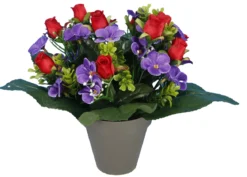 POT VIOLETTES ET BOUTONS ROSES