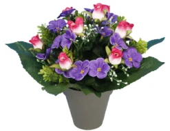 POT VIOLETTES ET BOUTONS ROSES