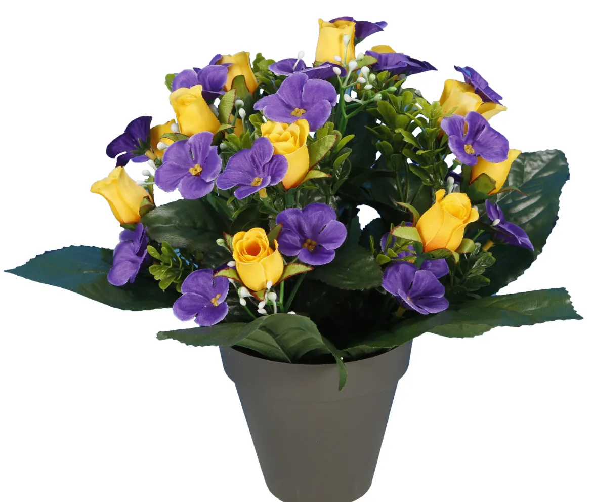 POT VIOLETTES ET BOUTONS ROSES