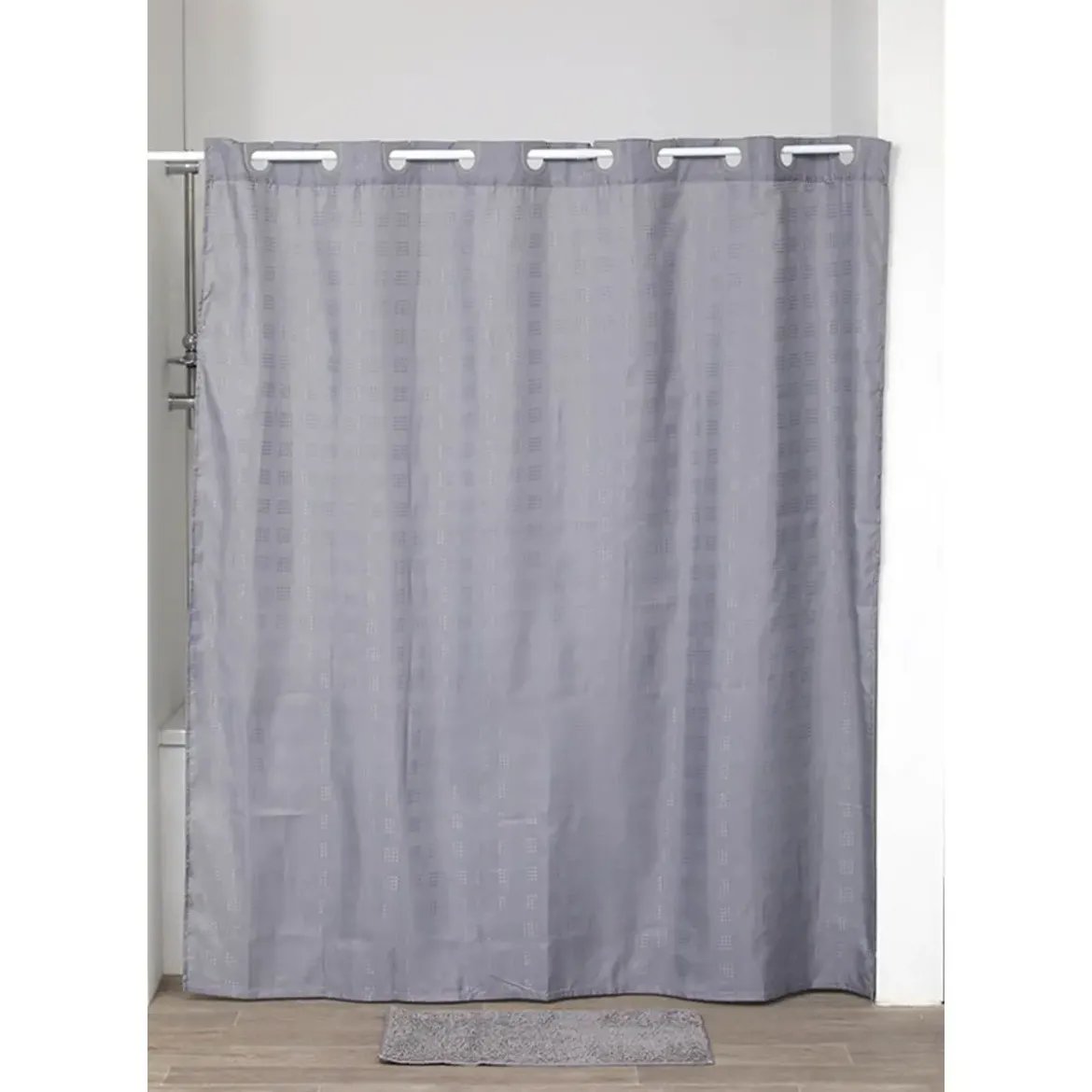 RIDEAU DE DOUCHE POLYESTER MOTIF CARRE ANNEAUX INTEGRES 180X