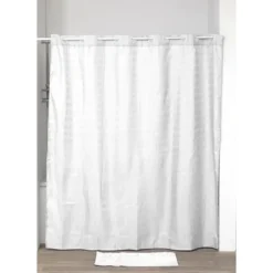 RIDEAU DE DOUCHE POLYESTER MOTIF CARRE ANNEAUX INTEGRES 180X