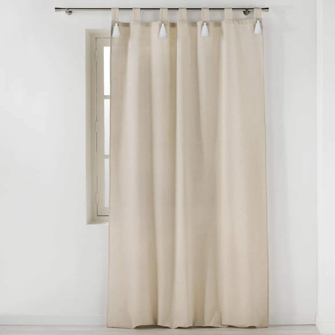 RIDEAU PASSANTS ET POMPON BLANC 140X240CM UNI CYRINE
