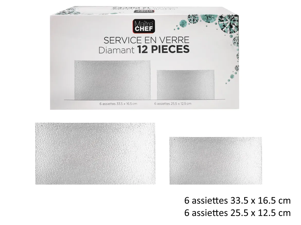 SERVICE 12 PIECES RECTANGLE VERRE DIAMANTS