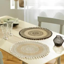 SET DE TABLE 38 CM JUTE IMPRIME ET POMPONS RENATA NOIR