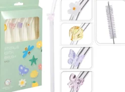 SET 4 PAILLES VERRE DECOREE FLEUR AVEC GOUPILLON