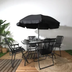 TABLE JARDIN RECTANGULAIRE 4 CHAISES ET PARASOL