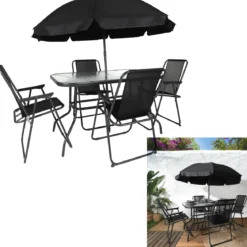 TABLE JARDIN RECTANGULAIRE 4 CHAISES ET PARASOL