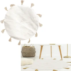 TAPIS ROND COTON POMPON BEIGE 90CM