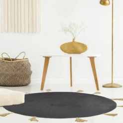 TAPIS ROND COTON POMPON GRIS 90CM