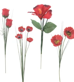 TIGES ROUGES BOUTON ROSE GYPSO COQUELICOT ET HIBISCUS H.70CM