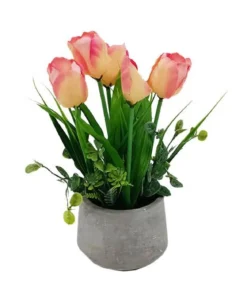TULIPES POT CIMENT H.24CM ROSE ET ORANGE